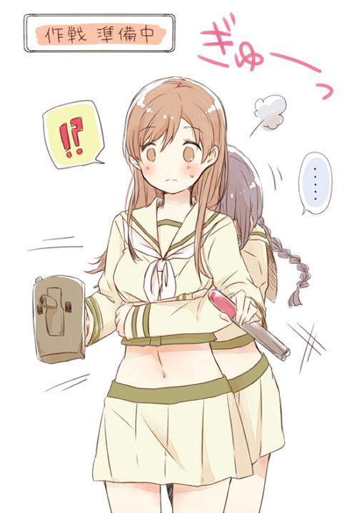 !?, 2girls, black_hair, blush, braid, breasts, brown_hair, commentary_request
