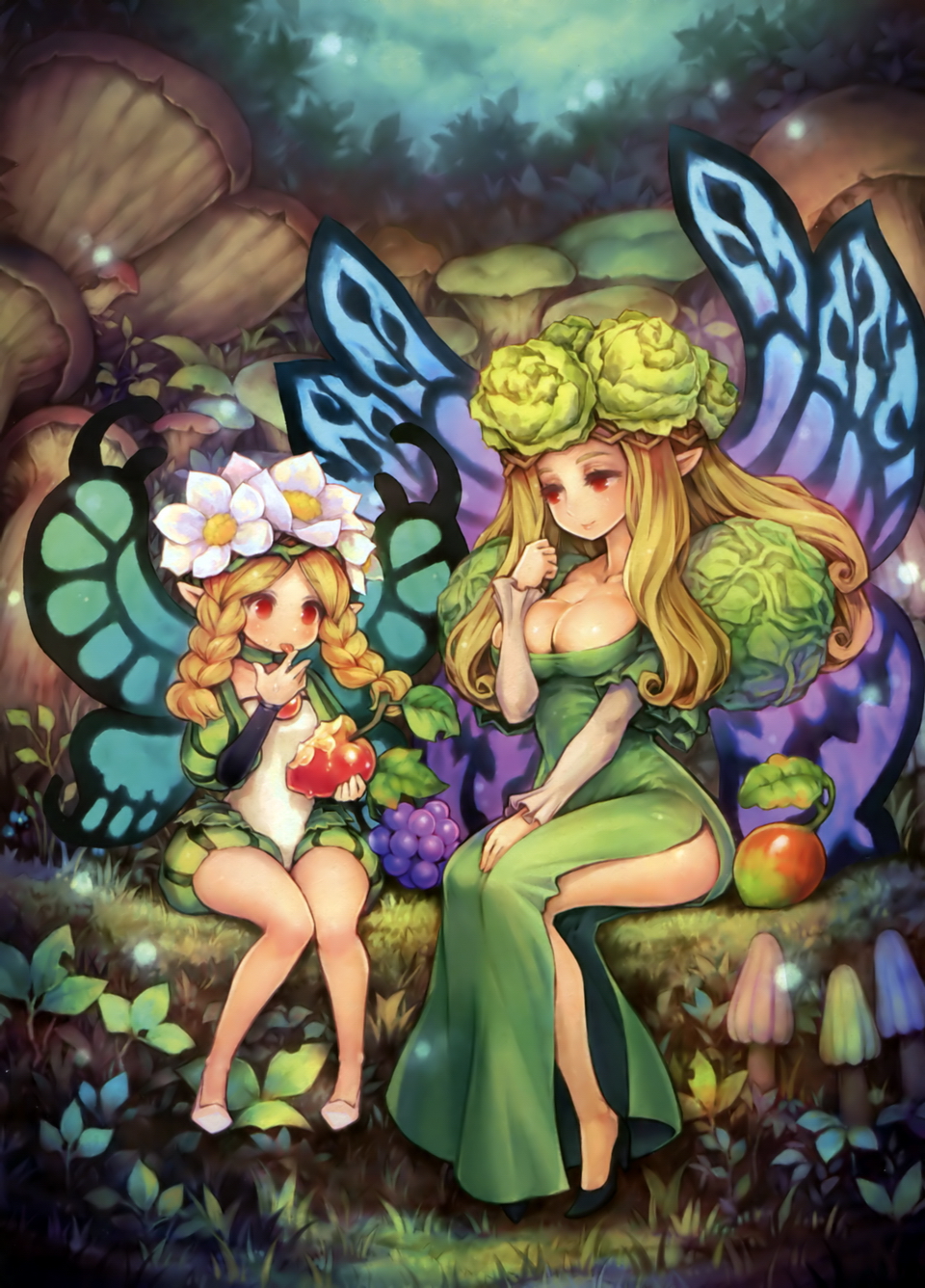 2girls, apple, black_shoes, blonde_hair, blush, braid, breasts, cleavage, clenched_hand, closed_mouth, dress, eating, elfaria_(odin_sphere), fairy, fairy_wings, flower, food, fruit, full_body, grapes, green_dress, hair_flower, hair_ornament, high_heels, highres, long_hair, long_sleeves, looking_at_another, mercedes, mother_and_daughter, multiple_girls, mushroom, nut_(food), odin_sphere, plant, puffy_sleeves, red_eyes, shigatake, shoes, side_slit, sitting, twin_braids, white_shoes, wings