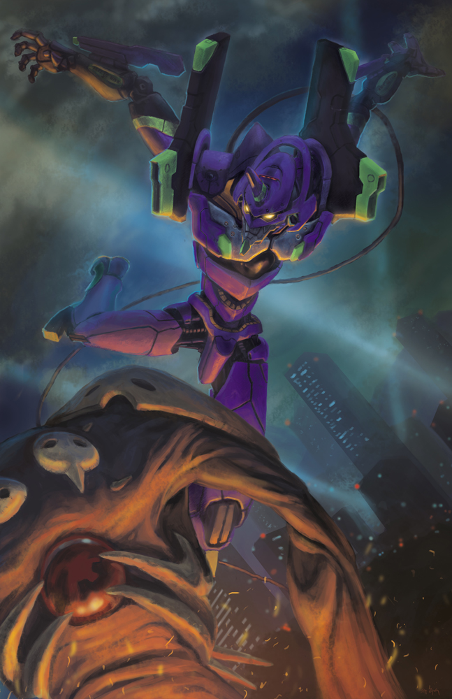 battle, cityscape, doomsplosion, epic, eva_01, glowing, glowing_eyes, kick, kicking, mecha, neon_genesis_evangelion, night, sachiel, spotlight
