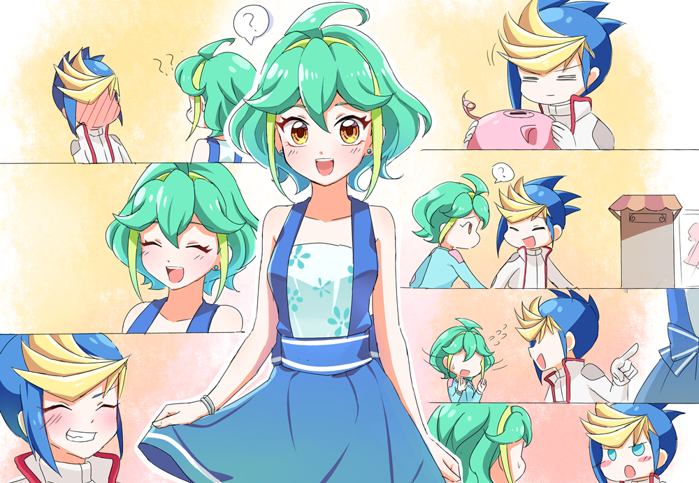 1boy, 1girl, :d, ?, ^_^, ahoge, alternate_costume, bare_shoulders, biker_clothes, bikesuit, blonde_hair, blue_hair, blush, bracelet, breasts, closed_eyes, collarbone, dress, earrings, flying_sweatdrops, full-face_blush, green_hair, grin, jewelry, joman, looking_at_viewer, multicolored_hair, open_mouth, orange_eyes, piggy_bank, rin_(yuu-gi-ou_arc-v), short_hair, smile, spiky_hair, spoken_question_mark, two-tone_hair, yuu-gi-ou, yuu-gi-ou_arc-v, yuugo_(yuu-gi-ou_arc-v)