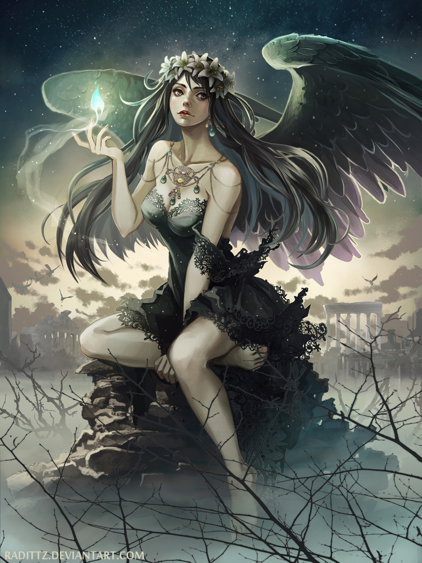 1girl, artist_name, bare_shoulders, barefoot, between_legs, black_dress, black_eyes, black_hair, black_wings, blue_fire, branch, closed_mouth, clouds, column, dress, fire, full_body, hand_between_legs, highres, original, outdoors, pillar, radittz, realistic, sitting, sky, sleeveless, sleeveless_dress, solo, star_(sky), watermark, web_address, wings