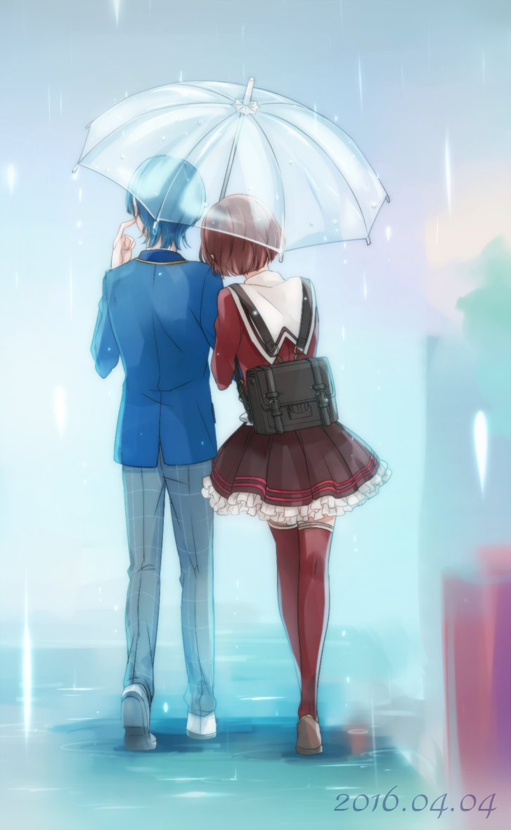 1boy, 1girl, 2016, arm_hug, blazer, blue_eyes, brown_eyes, brown_hair, brown_shirt, brown_shoes, dance_with_devils, dated, from_behind, jacket, leaning_on_person, loewen, number, outdoors, pants, pleated_skirt, rain, red_legwear, roen_(dance_with_devils), school_uniform, shirt, shoes, short_hair, skirt, t0day8, tachibana_ritsuka, thigh-highs, umbrella, walking, white_shoes