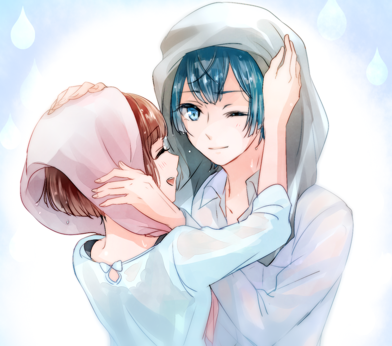 1boy, 1girl, :d, blue_hair, blue_shirt, blush, brown_hair, closed_eyes, dance_with_devils, drying_hair, loewen, one_eye_closed, open_mouth, profile, roen_(dance_with_devils), see-through, shirt, short_hair, sideways_mouth, smile, t0day8, tachibana_ritsuka, towel, towel_on_head, wet, wet_hair, white_shirt