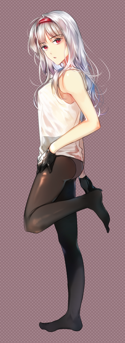 1girl, adjusting_clothes, adjusting_panties, albino, arm_at_side, ass, bangs, black_gloves