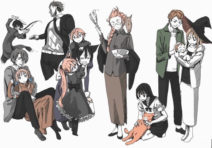 animal_ears, anna's_older_brother, anna_(gendai_majo_zukan), annotated, baby, bird, black_hair, brother_and_sister, brown_hair, cat, dog_ears, family, father_and_daughter, gendai_majo_zukan, glasses, gun, hei_(gendai_majo_zukan), highres, husband_and_wife, kaname_(gendai_majo_zukan), kiwa_(gendai_majo_zukan), knife, long_hair, mother_and_daughter, owl, pink_hair, ryouko_(gendai_majo_zukan), school_uniform, short_hair, siblings, tear_(gendai_majo_zukan), tobe_rikuo, tomo_(gendai_majo_zukan), tsukinowa_kousuke, van_(gendai_majo_zukan), weapon, youichi_(gendai_majo_zukan)