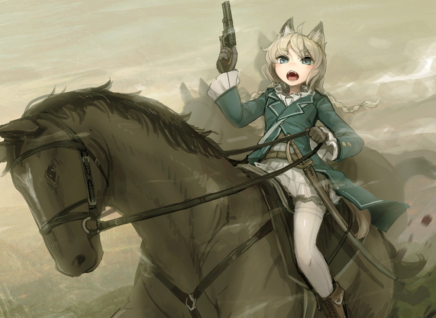 1girl, action, ahoge, animal_ears, blonde_hair, blue_eyes, boots, braid