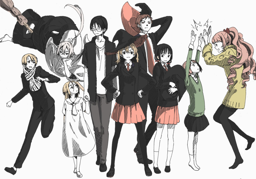 3boys, 6+girls, annotated, brother_and_sister, gendai_majo_zukan, glasses, hat, highres, husband_and_wife, kacchan_(gendai_majo_zukan), kaede_(gendai_majo_zukan), kouno_arisu, long_hair, masuda_takuya, mitsuko_(gendai_majo_zukan), multiple_boys, multiple_girls, necktie, okuno_miyo, okuno_ryou, pink_hair, sansu_eri, sansu_mari, school_uniform, short_hair, siblings, sisters, tsukinowa_kousuke, witch_hat