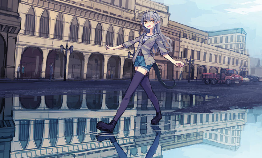 1girl, blurry, blush, building, car, cardigan, city, concon-collector, contemporary, denim, denim_shorts, depth_of_field, dragon_girl, dragon_horns, dragon_tail, fang, ground_vehicle, happy, horns, lamppost, long_hair, looking_to_the_side, motor_vehicle, noconol, open_mouth, orange_eyes, outstretched_arms, pointy_ears, puddle, purple_legwear, reflection, ripples, road, scenery, shorts, silver_hair, sketch, sky, smile, solo_focus, street, tail, thigh-highs, truck, walking, water, zettai_ryouiki