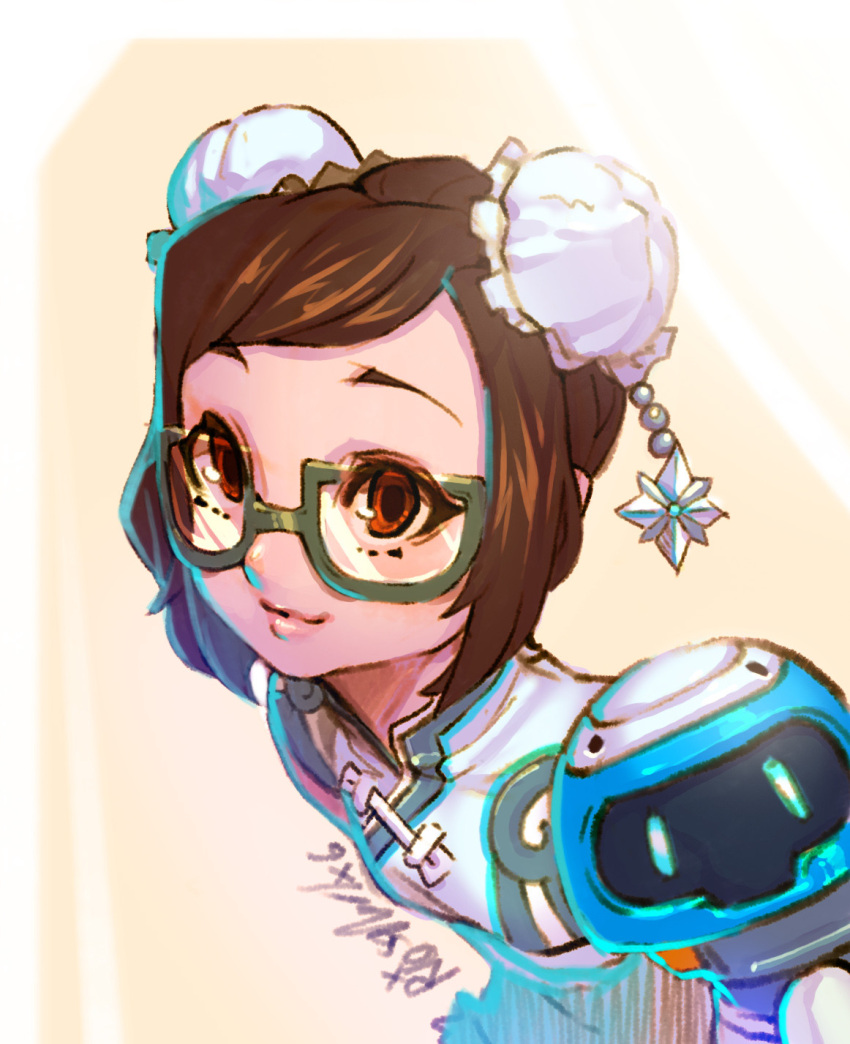 1girl, alternate_hairstyle, bangs, beads, blue_dress, brown_eyes, brown_hair, bun_cover