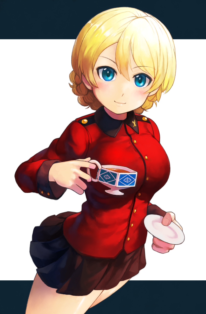 1girl, blonde_hair, blue_eyes, braid, breasts, cup, darjeeling, girls_und_panzer, looking_at_viewer, military, military_jacket, military_uniform, pleated_skirt, saucer, skirt, smile, solo, tea, teacup, thighs, toriyama_arare, uniform