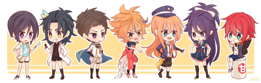 6+boys, alternate_eye_color, amazake_(drink), anzu_(1014105), atsushi_toushirou, black_hair, black_legwear, blonde_hair, blue_eyes, blue_hair, blush, brown_eyes, brown_hair, cape, chibi, cosplay, costume_switch, crossdressinging, dress, fang, feathers, fudou_yukimitsu, glasses, gotou_toushirou, green_eyes, grin, hair_feathers, hat, high_heels, highres, kiwame_(touken_ranbu), labcoat, male_focus, midare_toushirou, multiple_boys, necktie, open_mouth, ponytail, purple_hair, redhead, scarf, shinano_toushirou, shorts, smile, taikogane_sadamune, thigh-highs, thumbs_up, touken_ranbu, violet_eyes, yagen_toushirou, yellow_eyes