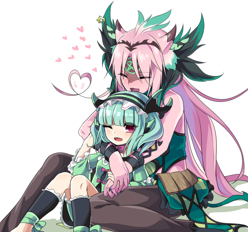 1boy, 1girl, ankle_wraps, astaroth_(p&amp;d), bangs, bare_shoulders, black_hair, blunt_bangs
