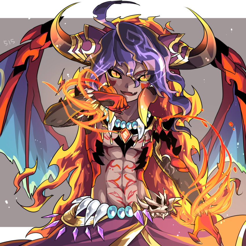1boy, abs, ahoge, belt, black_sclera, bracelet, dark_skin, dated, demon, demon_horns, demon_wings, fang, fang_necklace, fiery_hair, fire, highres, horns, jewelry, kozakura_(dictionary), long_hair, male_focus, navel, necklace, open_mouth, purple_hair, puzzle_&amp;_dragons, shaitan, skull, slit_pupils, solo, tattoo, very_long_hair, wings, yellow_eyes
