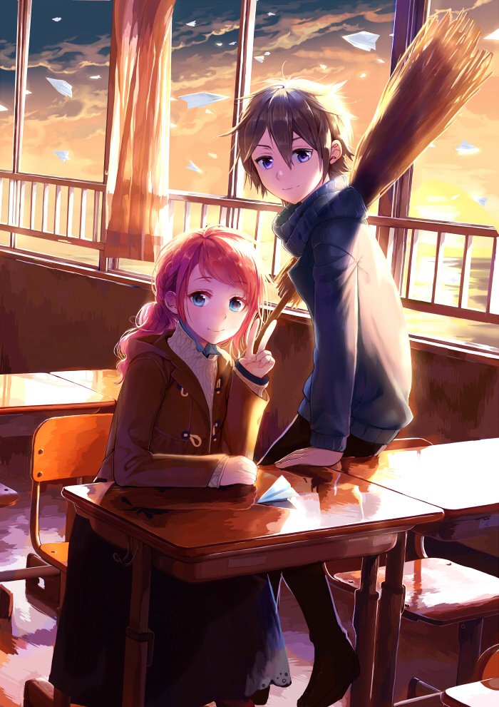 1boy, 1girl, black_hair, blue_eyes, broom, desk, gendai_majo_zukan, isaki_uta, long_hair, orange_hair, shinmura_koutarou, short_hair, v, yuuri_(gendai_majo_zukan)