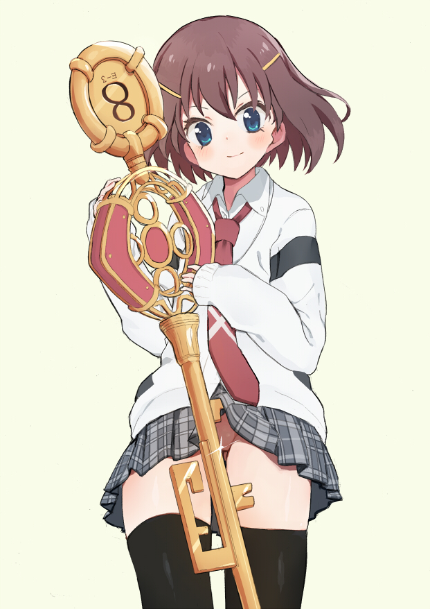1girl, bangs, black_legwear, blue_eyes, blush, brown_hair, cardigan, cowboy_shot