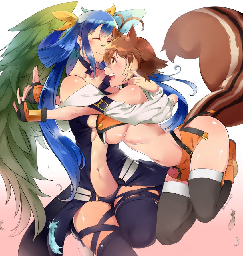2girls, animal_ears, asymmetrical_wings, black_legwear, blazblue, blue_hair, blush, bow