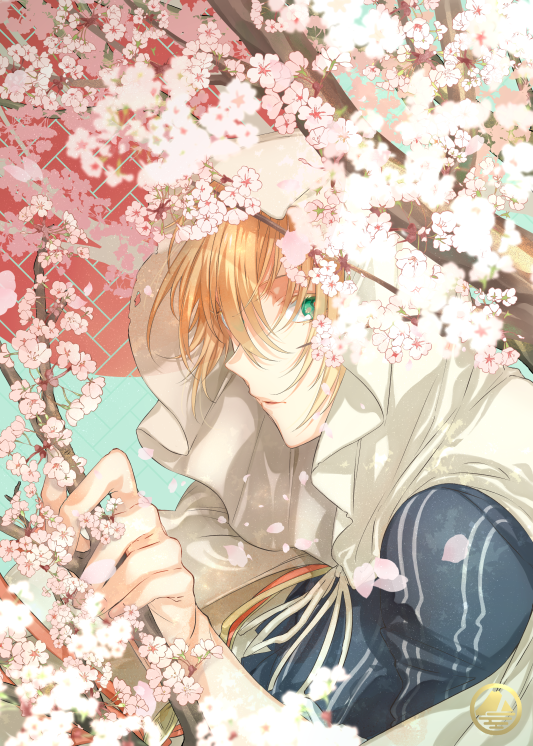 1boy, blonde_hair, branch, cherry_blossoms, green_eyes, hood, male_focus, mou_(mooooow)