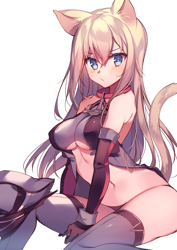 1girl, animal_ears, bismarck_(kantai_collection), blonde_hair, blue_eyes, blush, breasts, cat_ears, cat_tail, detached_sleeves, hat, hat_removed, headwear_removed, iron_cross, kantai_collection, kemonomimi_mode, kureaki_(exit), long_hair, military, military_hat, military_uniform, navel, peaked_cap, solo, tail, thigh-highs, under_boob, uniform