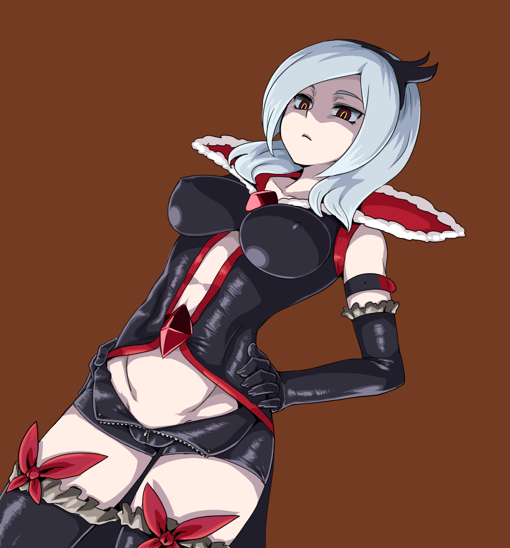 1girl, black_legwear, black_shorts, breasts, choker, commentary_request, eas, elbow_gloves