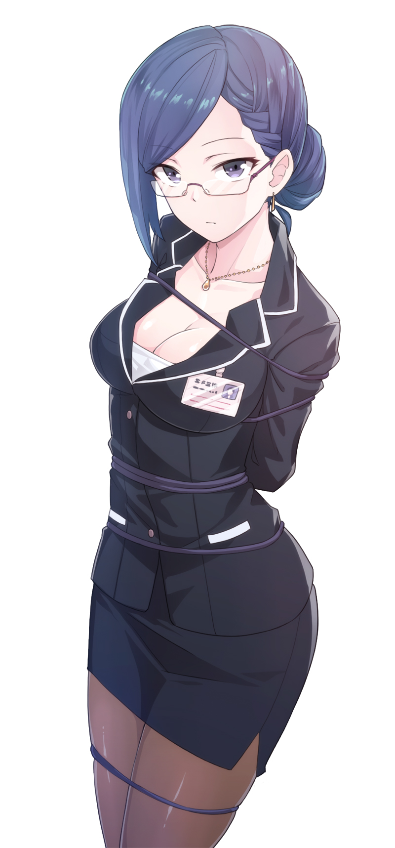 1girl, black_hair, bound, breasts, cleavage, formal, glasses, highres, jewelry, konnyaku_(kk-monmon), name_tag, necklace, pantyhose, secretary_(uchuu_patrol_luluco), short_hair, simple_background, skirt_suit, solo, suit, thighband_pantyhose, tied_up, uchuu_patrol_luluco
