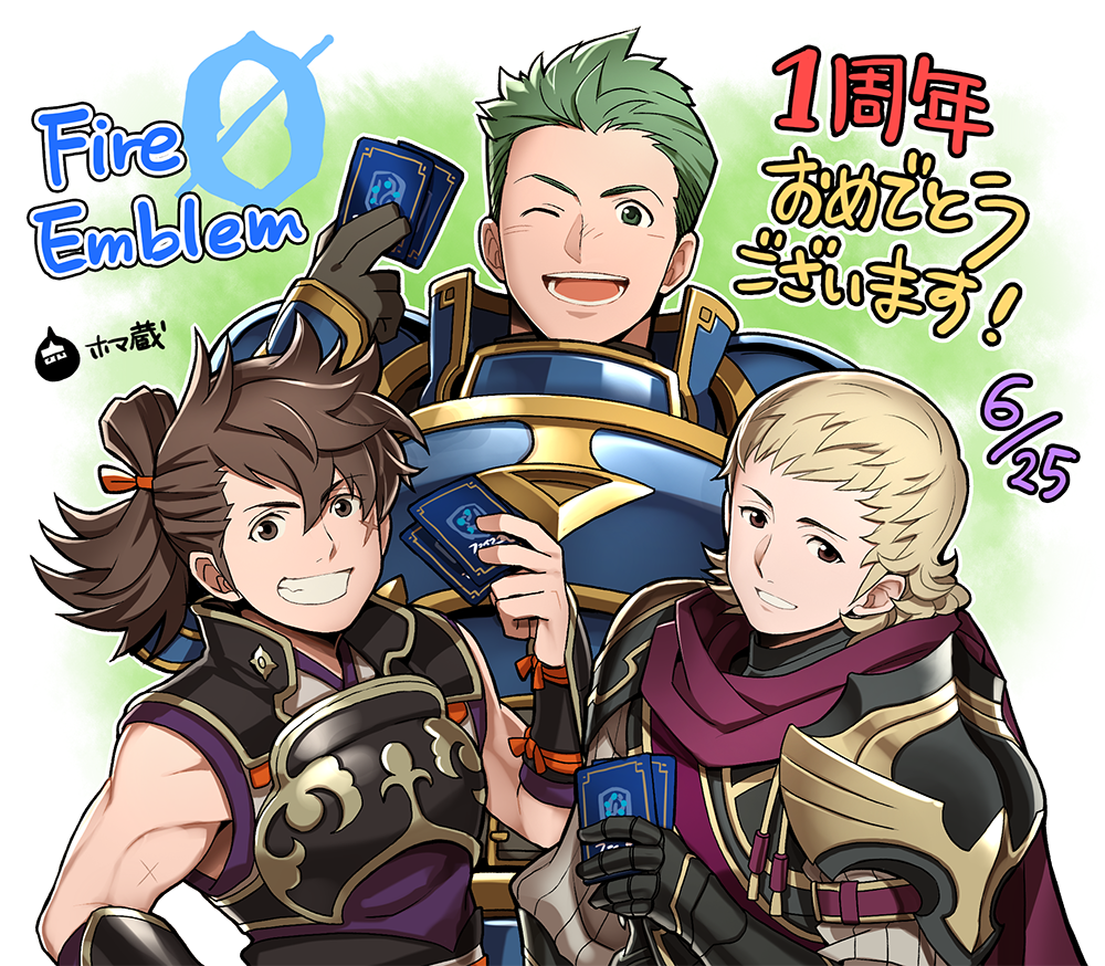 3boys, armor, blonde_hair, brown_eyes, brown_hair, cape, card, copyright_name