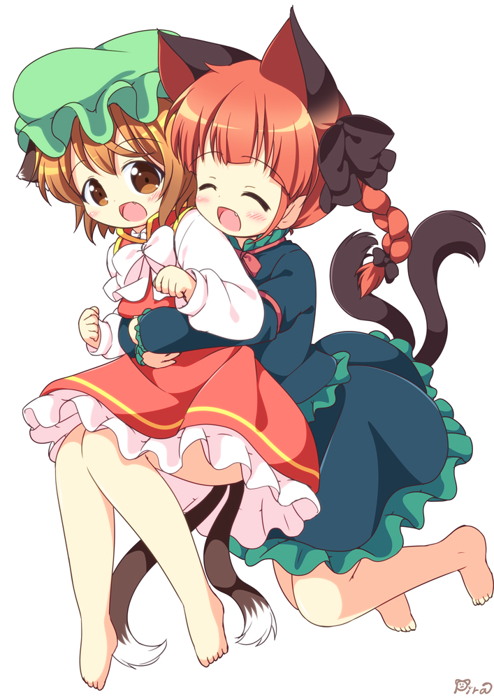 2girls, :d, ^_^, animal_ears, artist_name, barefoot, brown_eyes, brown_hair