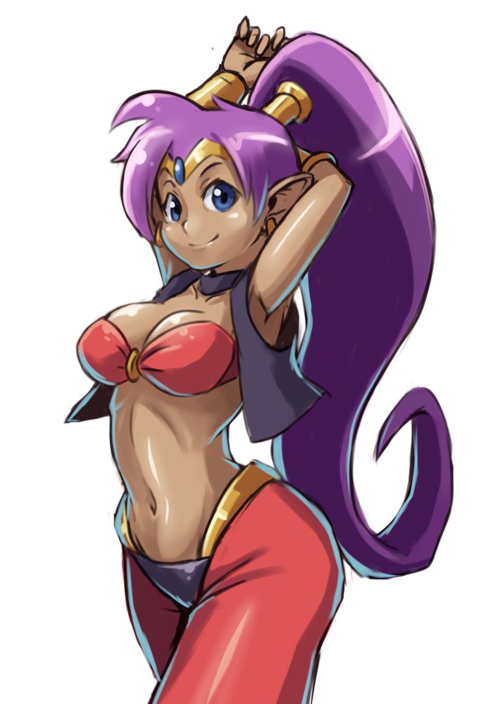 1girl, armpits, arms_behind_head, arms_up, bandeau, blue_eyes, breasts, cleavage, dark_skin, earrings, harem_outfit, harem_pants, jewelry, long_hair, midriff, navel, pants, pointy_ears, ponytail, purple_hair, shantae, shantae_(character), smile, solo, tak_(takumi_fortitude), vambraces, very_long_hair, vest