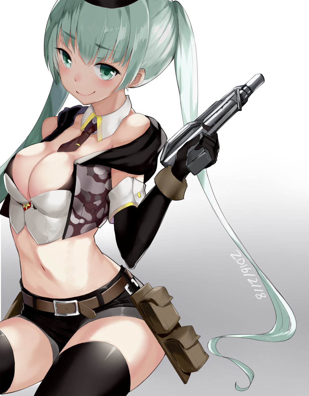 1girl, 2015, 2016, bag, bangs, belt_buckle, belt_pouch, black_legwear