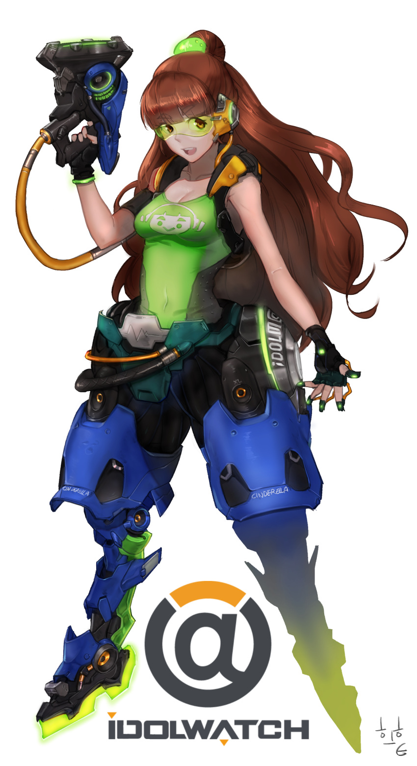 1girl, absurdres, blush, breasts, brown_hair, copyright_name, crossdressinging, full_body, gloves, gun, highres, idolmaster, idolmaster_cinderella_girls, kamiya_nao, long_hair, lucio_(overwatch), lucio_(overwatch)_(cosplay), open_mouth, overwatch, peagunz, ponytail, red_eyes, simple_background, solo, tank_top, visor, weapon, white_background