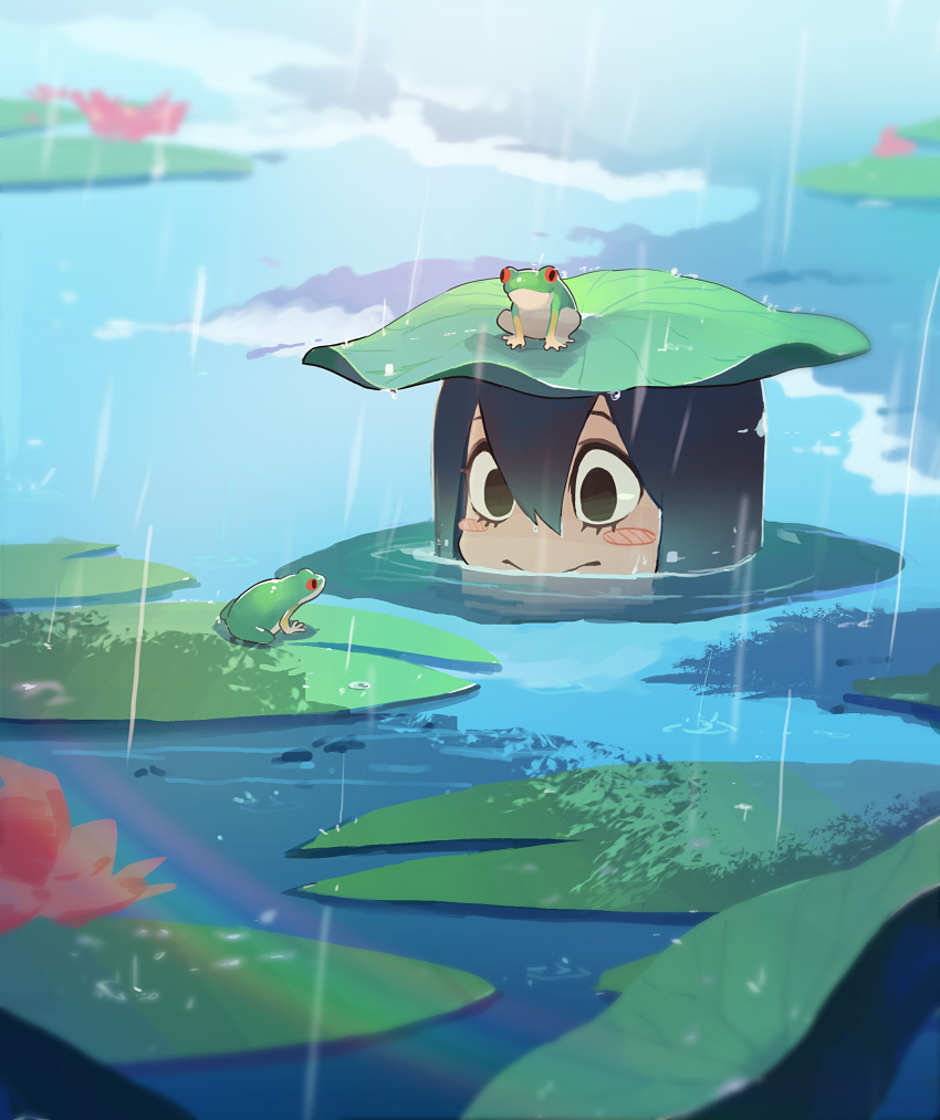 1girl, :>, absurdres, animal, asui_tsuyu, black_eyes, black_hair, blush_stickers, boku_no_hero_academia, clouds, doitsu_no_kagaku, eyelashes, flower, frog, hair_between_eyes, highres, lake, leaf, lily_pad, long_hair, lotus, outdoors, partially_submerged, pink_flower, rain, rainbow, reflection, ripples, solo