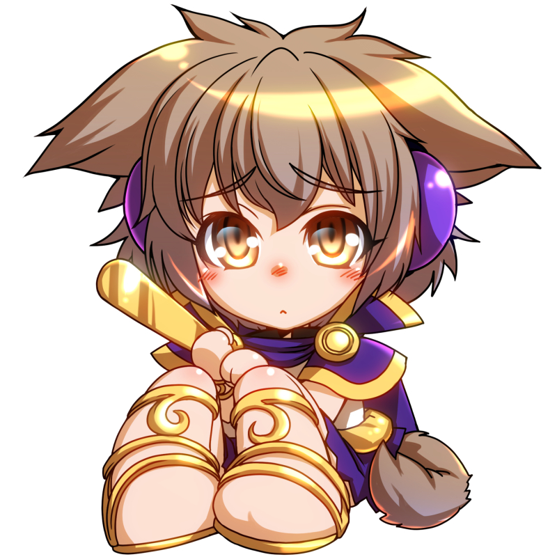 1girl, :<, blush, brown_eyes, brown_hair, cape, chibi, dog_tail