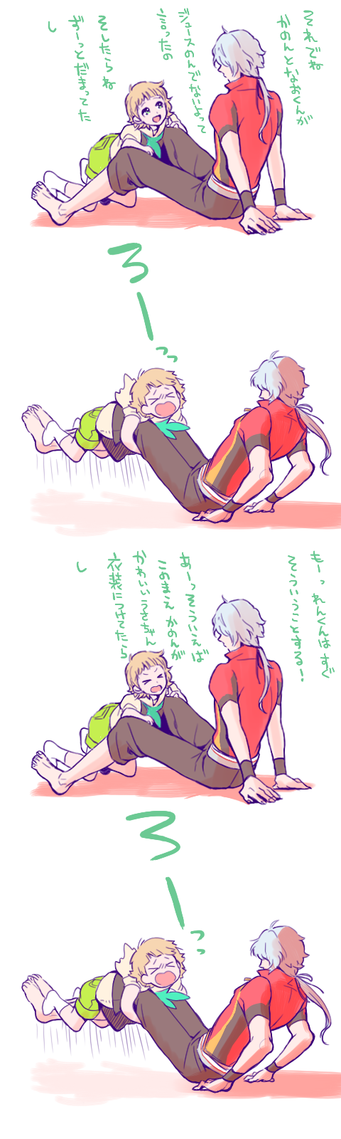2boys, 4koma, arm_support, arms_behind_back, barefoot, comic, from_behind, highres