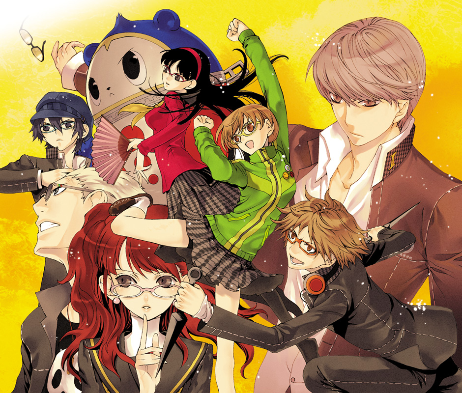black_hair, blue_hair, brown_hair, cabbie_hat, fan, fighting_stance, glasses, hanamura_yousuke