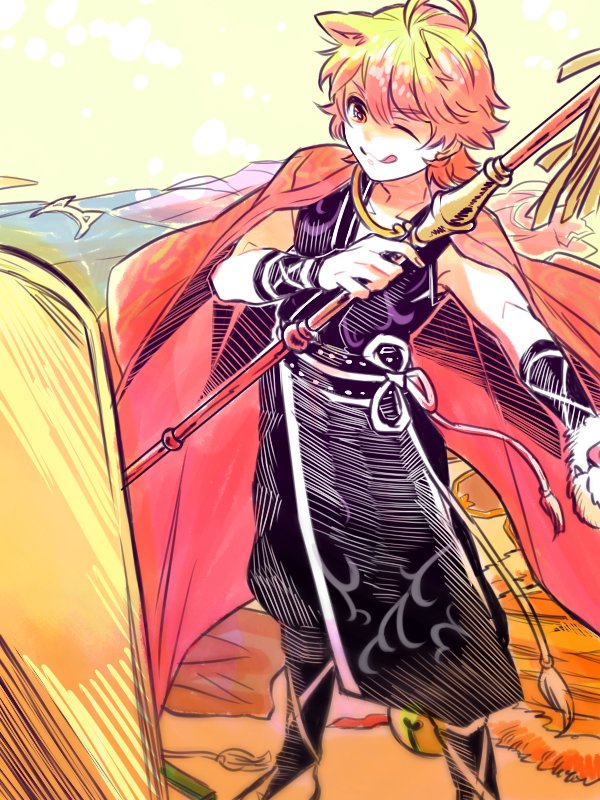 1boy, ;3, animal_ears, cape, cat_ears, idolmaster, idolmaster_side-m, japanese_clothes