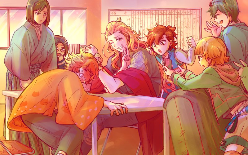 6+boys, arm_wrestling, blonde_hair, cardigan, cellphone, closed_eyes, couch, glasses_on_head