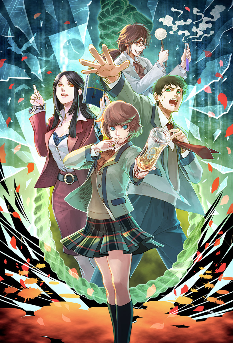 2boys, 2girls, bird, black_hair, blue_eyes, bottle, brown_eyes, brown_hair
