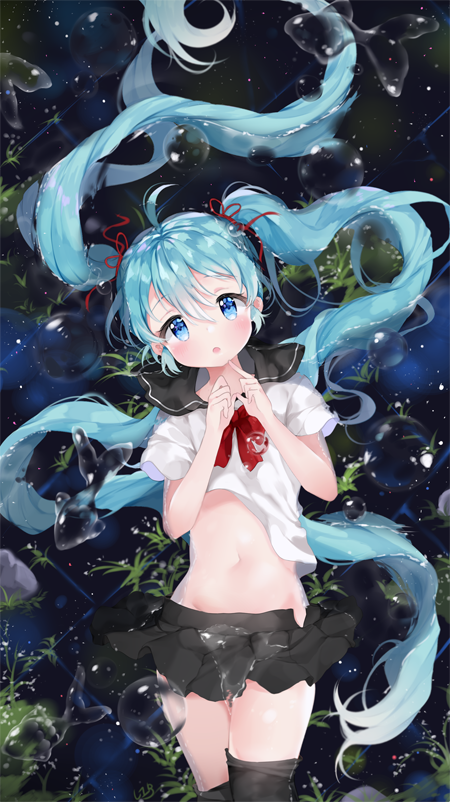 1girl, :o, afloat, alternate_costume, aqua_hair, black_legwear, black_skirt, blouse