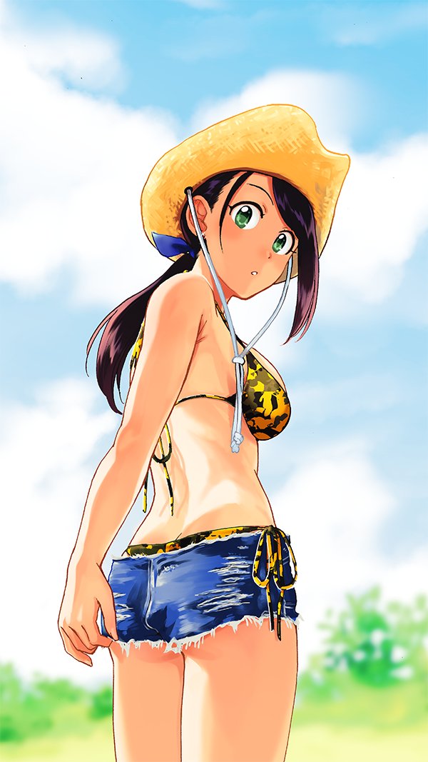 1girl, bikini_top, black_hair, cowboy_hat, from_behind, green_eyes, hat, idolmaster