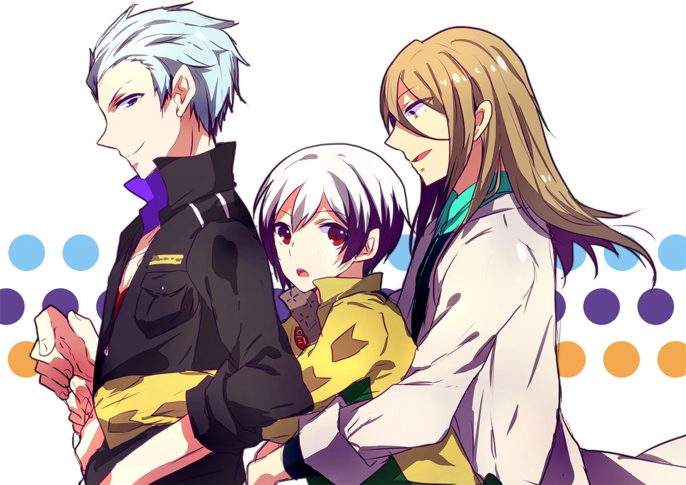 3boys, blue_hair, brown_hair, hug, hug_from_behind, idolmaster, idolmaster_side-m, kitamura_sora