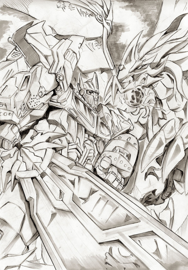 2boys, autobot, claws, decepticon, dragon, glowing, greyscale, grinding