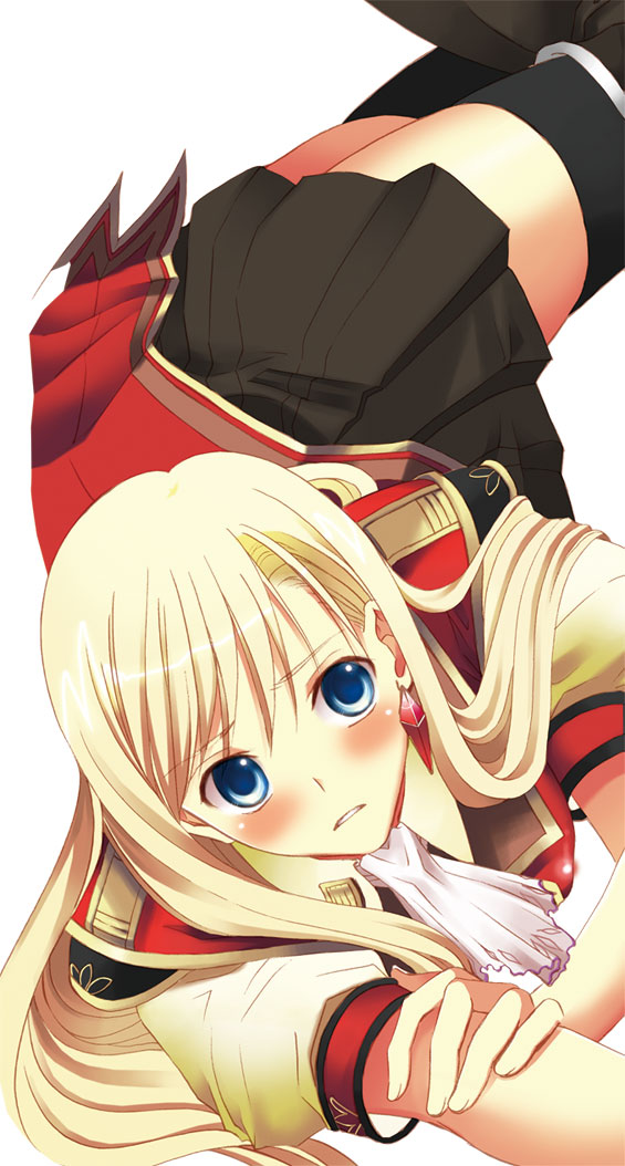 blonde_hair, blue_eyes, blush, cravat, earrings, jewelry, octavia, skirt