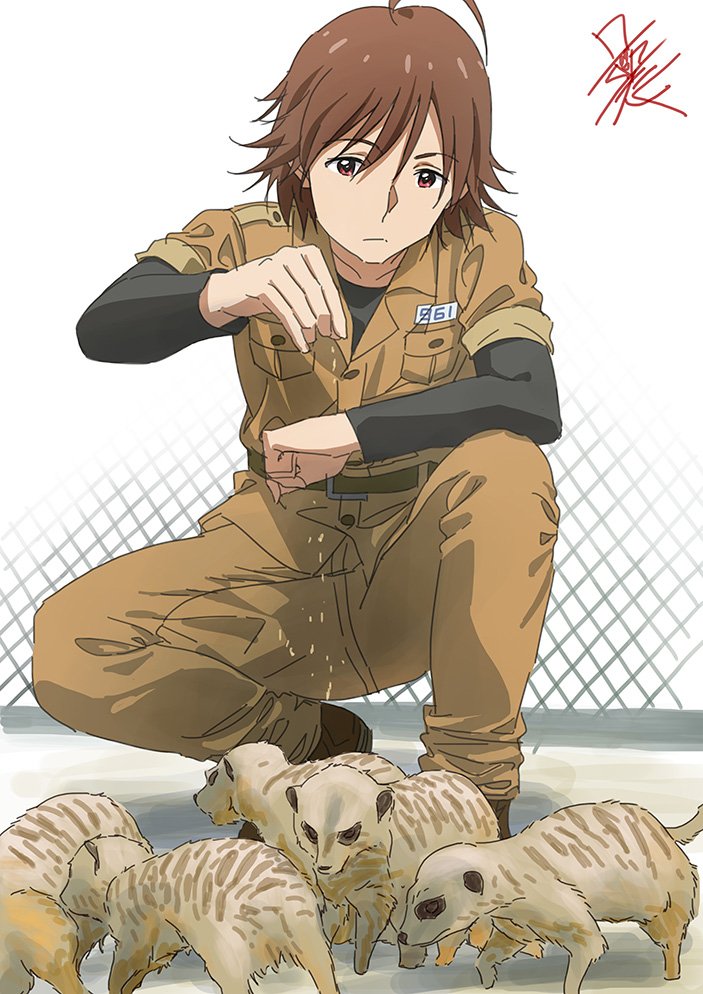 1boy, ahoge, amagase_touma, animal, brown_eyes, brown_hair, feeding, idolmaster