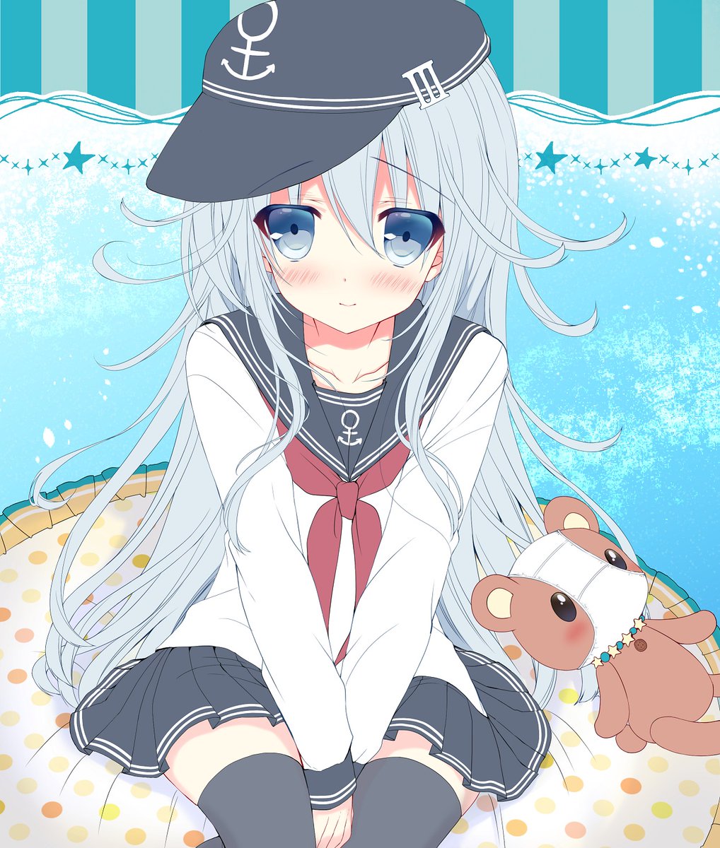1girl, black_legwear, blue_eyes, grey_eyes, hibiki_(kantai_collection), highres, kantai_collection, long_hair, object_on_head, panties, panties_on_head, panty_mask, school_uniform, serafuku, shira_ichigo_(ichigohou), silver_hair, solo, underwear, white_hair