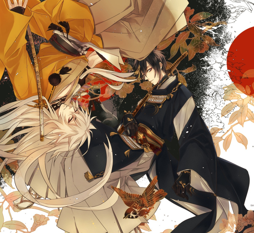 2boys, bambino, black_hair, japanese_clothes, katana, kogitsunemaru, male_focus, mikazuki_munechika