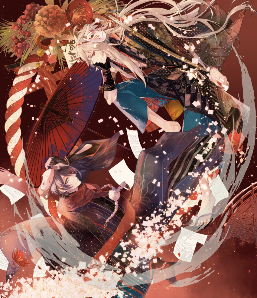2boys, bambino, black_hair, flower, highres, japanese_clothes, katana, kogitsunemaru
