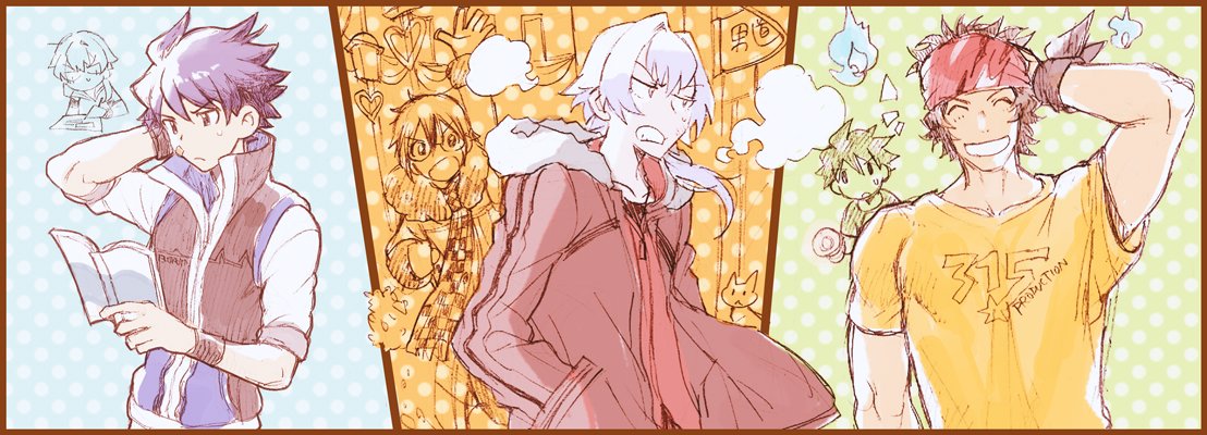 4boys, arm_behind_head, bandaid, bandaid_on_face, bandana, blue_eyes, blue_hair, book, breath, brown_hair, cat, coat, dual_persona, enjouji_michiru, hands_in_pockets, idolmaster, idolmaster_side-m, iseya_shiki, kizaki_ren, looking_down, male_focus, multiple_boys, polka_dot, polka_dot_background, ponytail, reading, silver_hair, taiga_takeru, tan_skin, the_kogado, u_(uuupixi), winter_clothes, winter_coat, yellow_eyes
