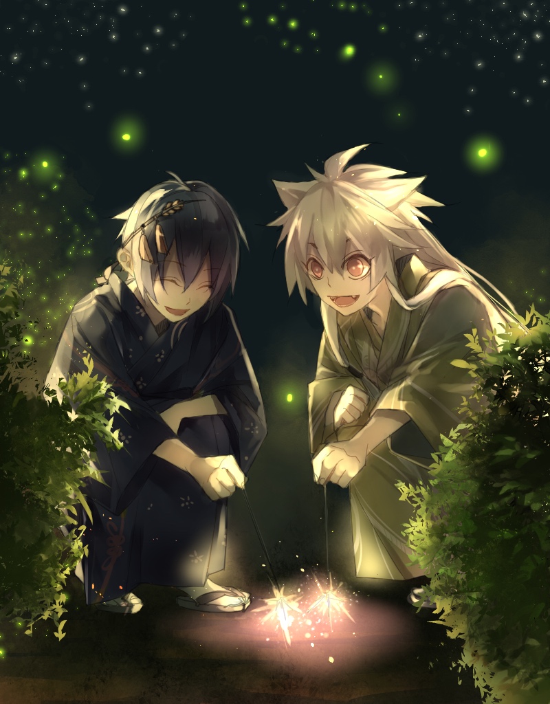 2boys, :d, ^_^, animal_ears, bambino, bangs, black_hair, blue_eyes