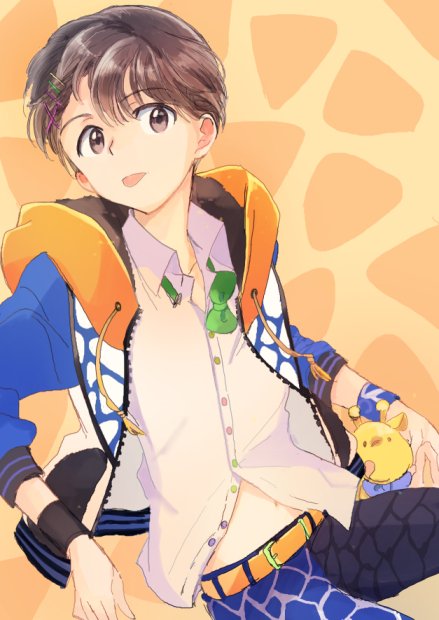 1boy, alternate_costume, black_hair, bow, bowtie, fuyumi_jun, giraffe_print, hair_ornament