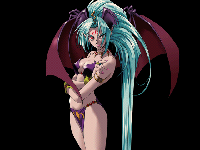 1girl, aqua_hair, armlet, black_background, breasts, bright_pupils, cleavage, cowboy_shot, crossed_arms, delta_(words_worth), demon_wings, facial_mark, forehead_mark, jewelry, loincloth, long_hair, nail_polish, official_art, pointy_ears, red_eyes, ring, simple_background, solo, very_long_hair, wings, words_worth