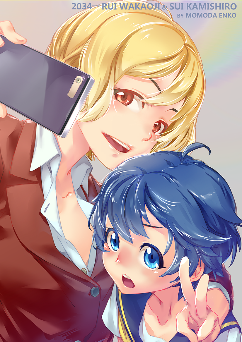 2girls, arm_around_shoulder, artist_name, blonde_hair, blue_eyes, blue_hair, blush, character_name
